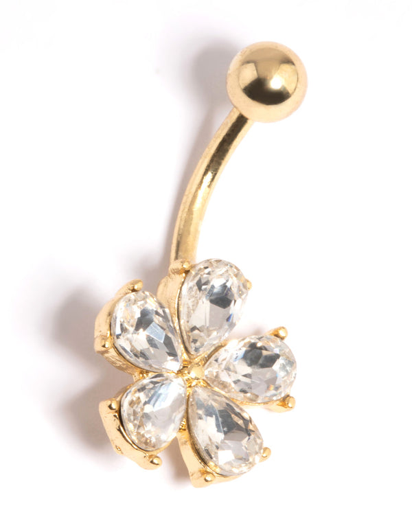 Gold Plated Surgical Steel Diamante Flower Belly Bar