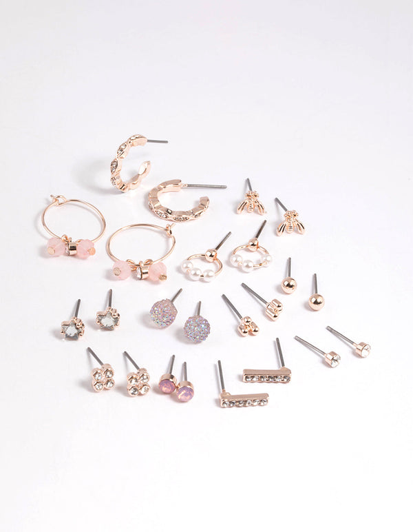 Rose Gold Bee & Diamante Stud Earring 12-Pack