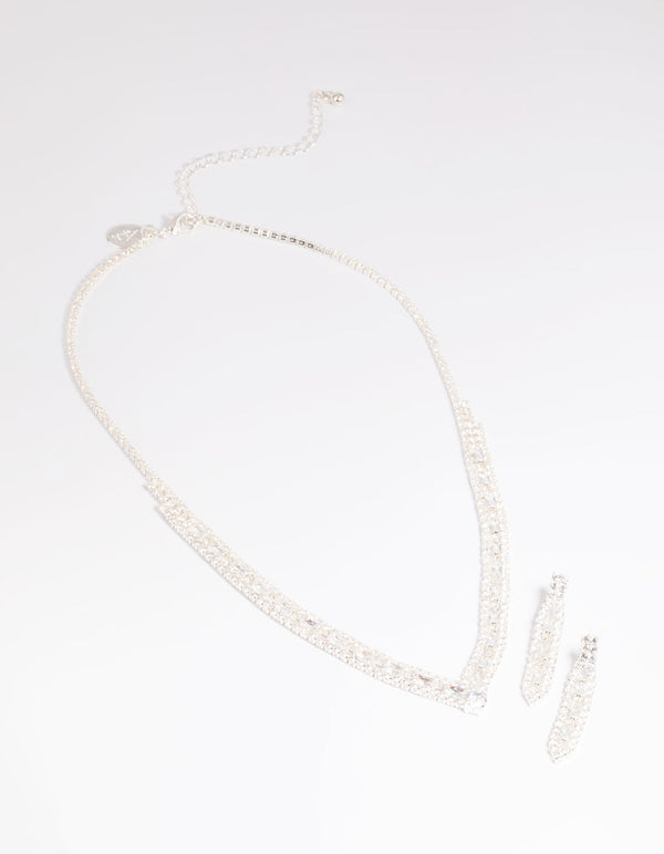 Silver Cubic Zirconia Statement Necklace & Earrings Set