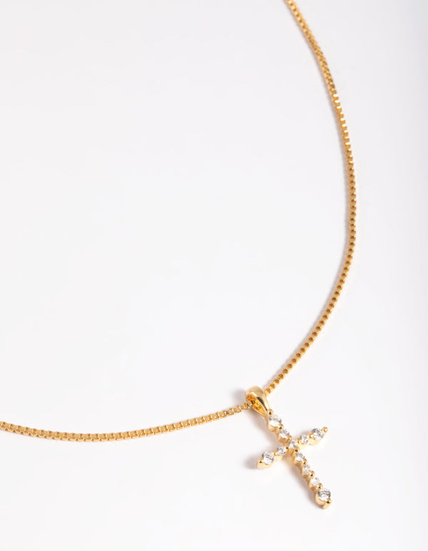 Gold Plated Cubic Zirconia Cross Chain Necklace
