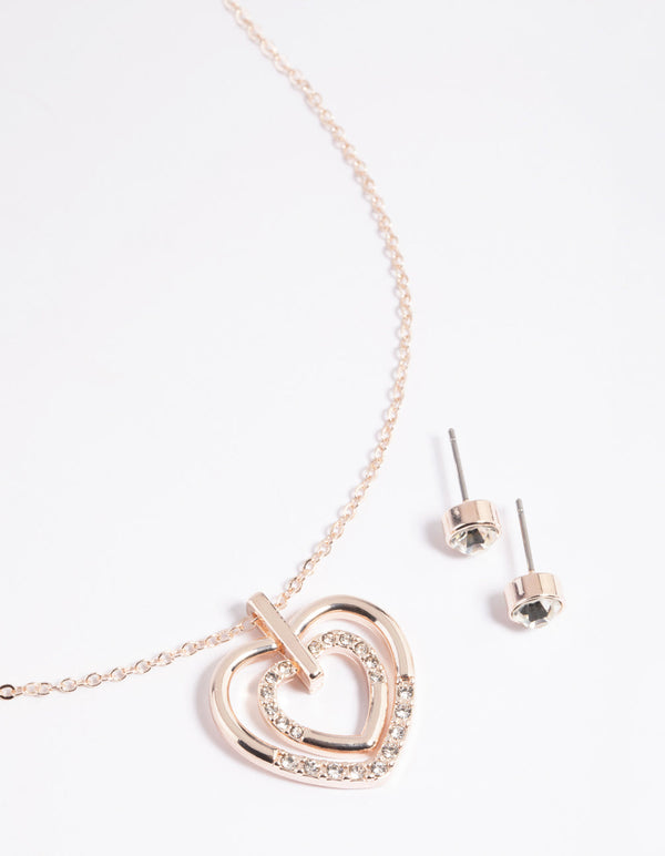 Rose Gold Heart Necklace & Earrings Set
