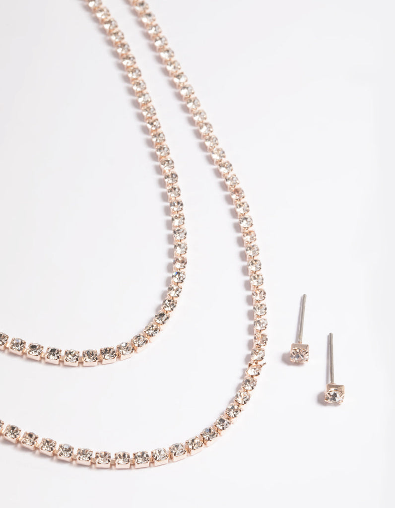 Rose Gold Diamante Layered Necklace & Earrings Set
