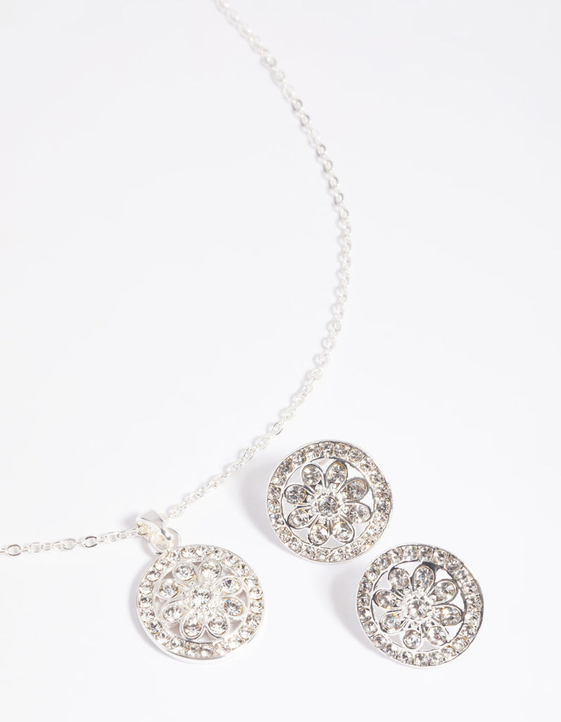 Diamante Flower Pave Necklace & Earrings Set