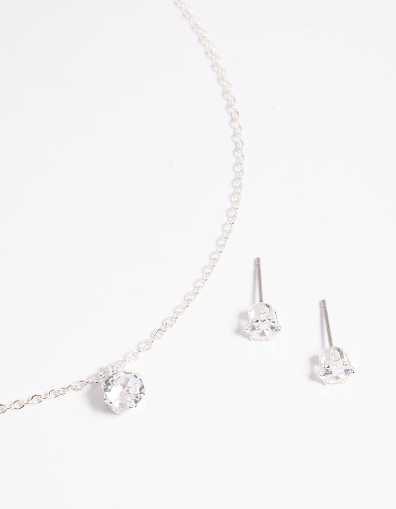 Silver Dainty Diamante Necklace & Earrings Set