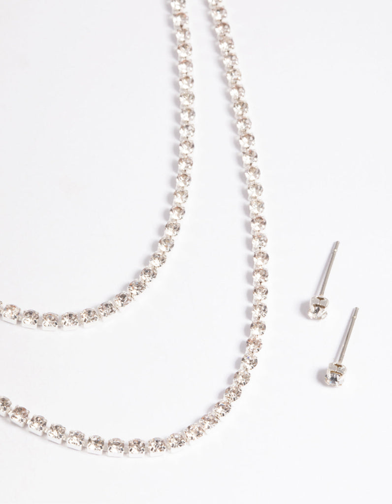 Silver Diamante Layered Necklace & Earrings Set