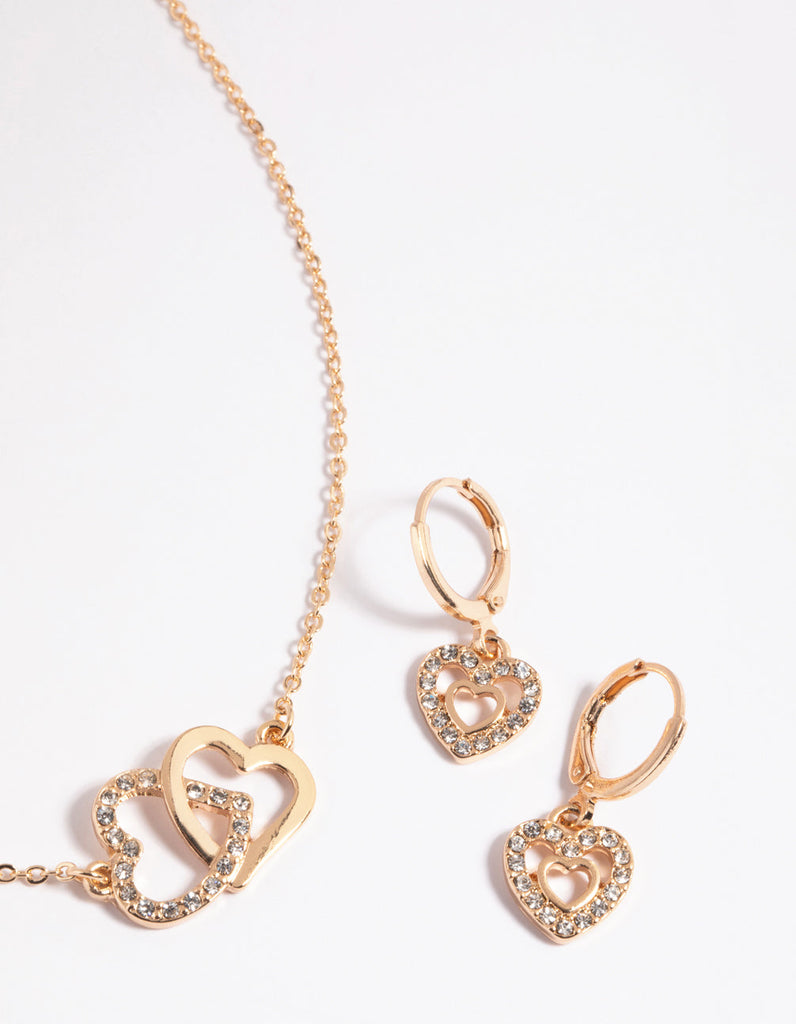 Gold Interlocked Heart Necklace & Earrings Set