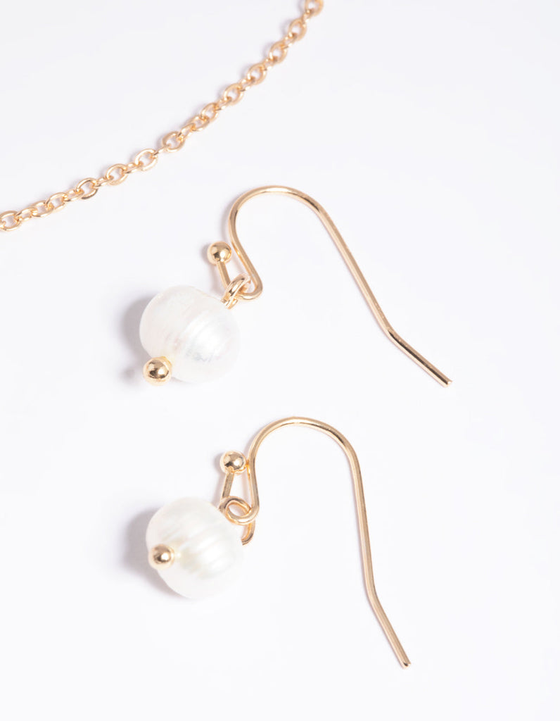Gold Pearl Necklace & Earrings Set