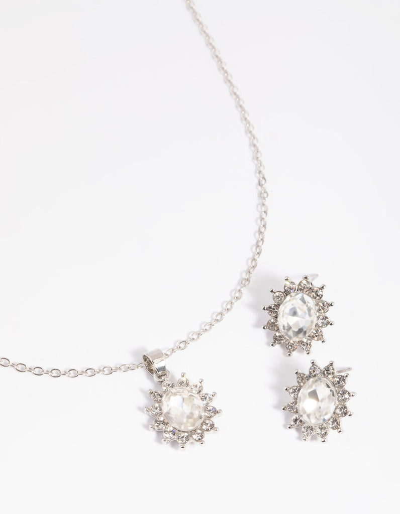 Rhodium Diamante Princess Stone Necklace & Earrings Set