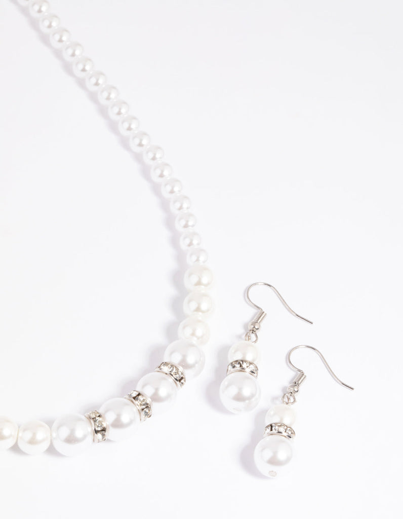 Rhodium Pearl Diamante Necklace & Earrings Set