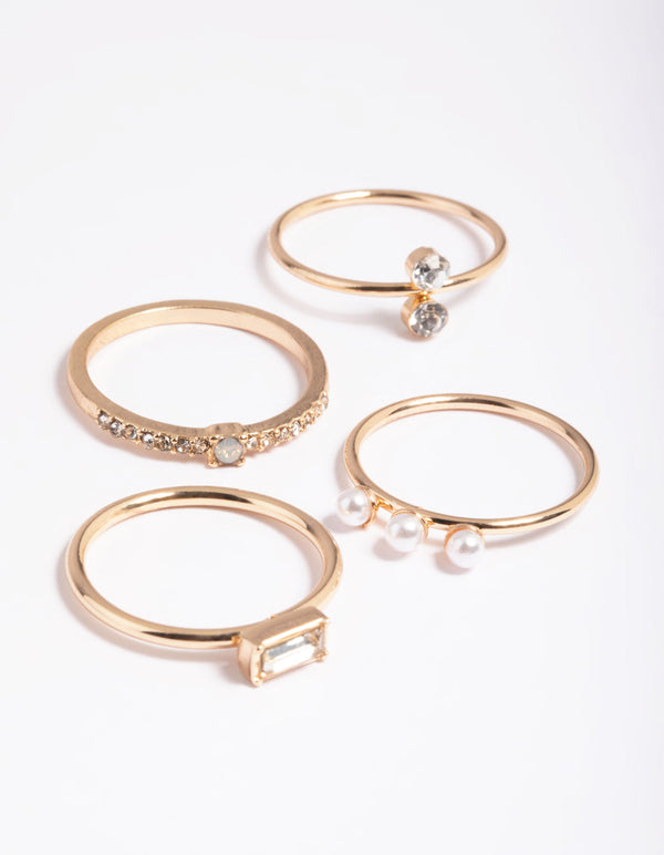 Gold Pearl & Diamante 4-Pack Rings