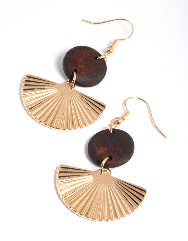 Brown Wood & Fan Drop Earrings