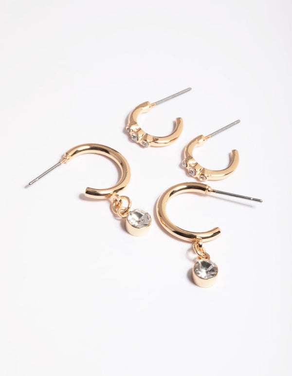 Gold Diamante Detail Hoop Earrings Pack