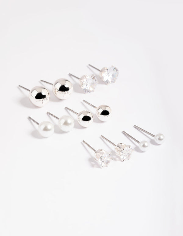 Silver Diamante Pearl Stud Earrings 6-Pack