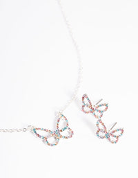 Silver Diamante Butterfly Necklace & Stud Earring Set - link has visual effect only