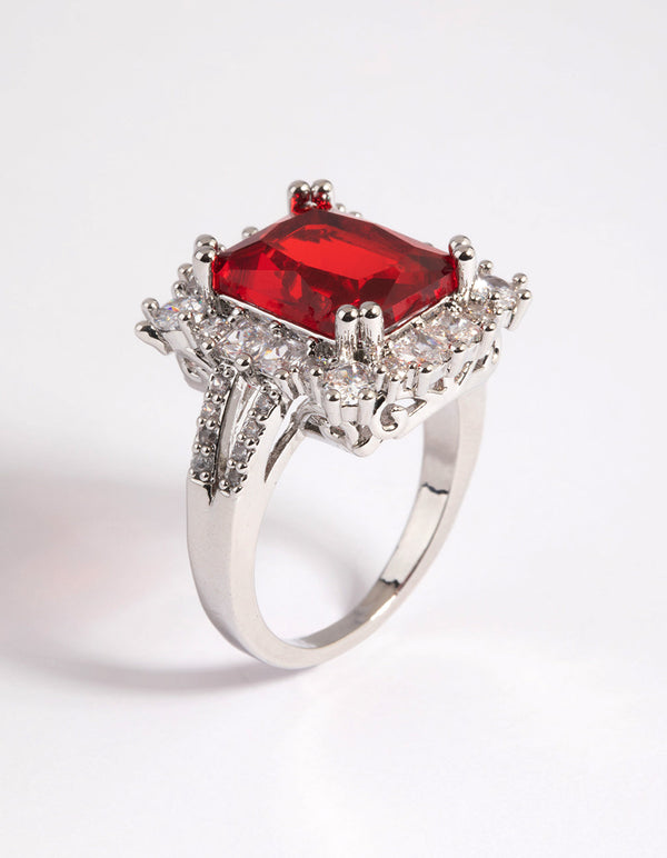 Rhodium Cubic Zirconia Red Asscher Ring