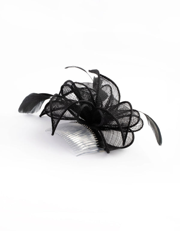 Black Looped Sinamay Fascinator Comb with Feathers