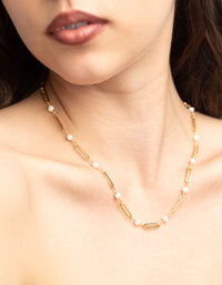 Gold Plated Freshwater Pearl Oval Chain Link Necklace - link has visual effect only