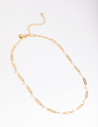 Gold Plated Freshwater Pearl Oval Chain Link Necklace - link has visual effect only