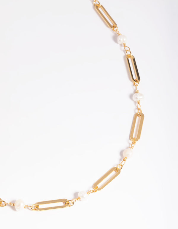 Gold Plated Freshwater Pearl Oval Chain Link Necklace