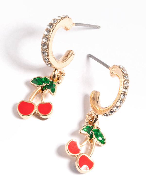 Gold Diamante Cherry Huggie Earrings