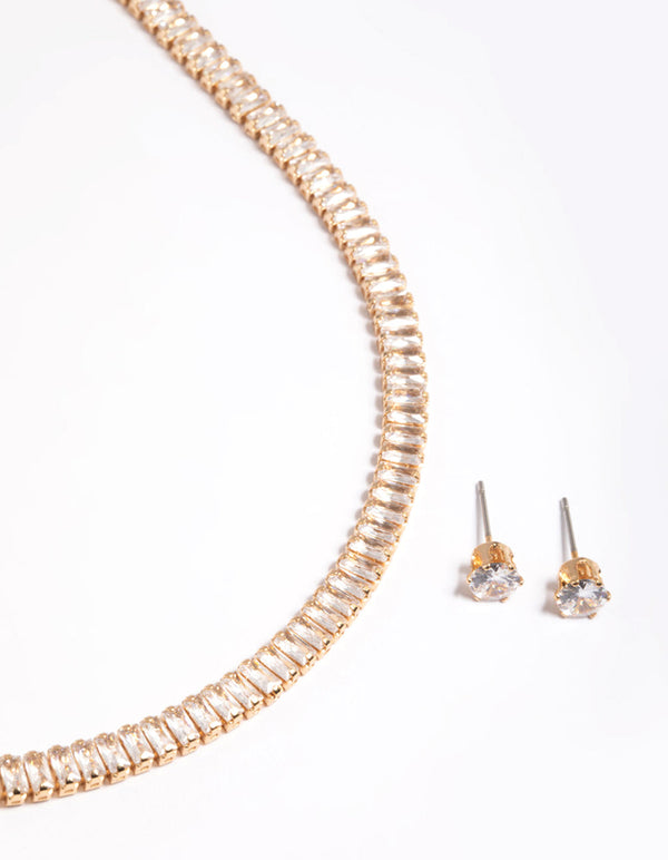 Diamond Simulant Gold Baguette Earrings & Necklace