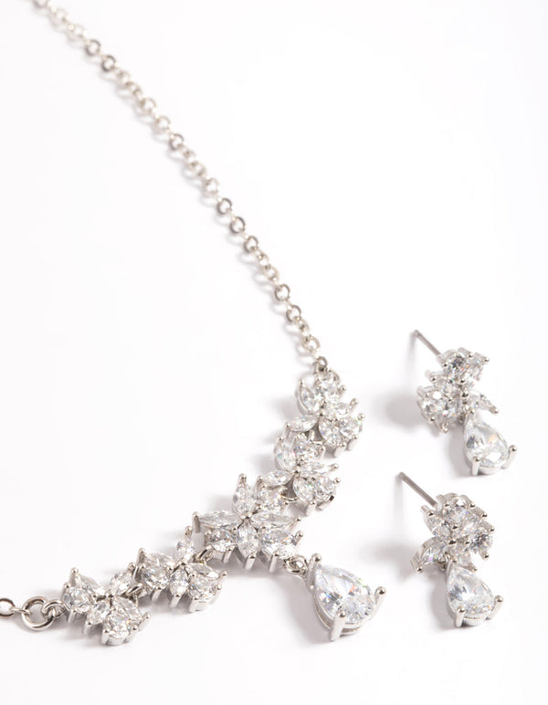 Silver Diamond Simulant Dainty Flower Earrings & Necklace