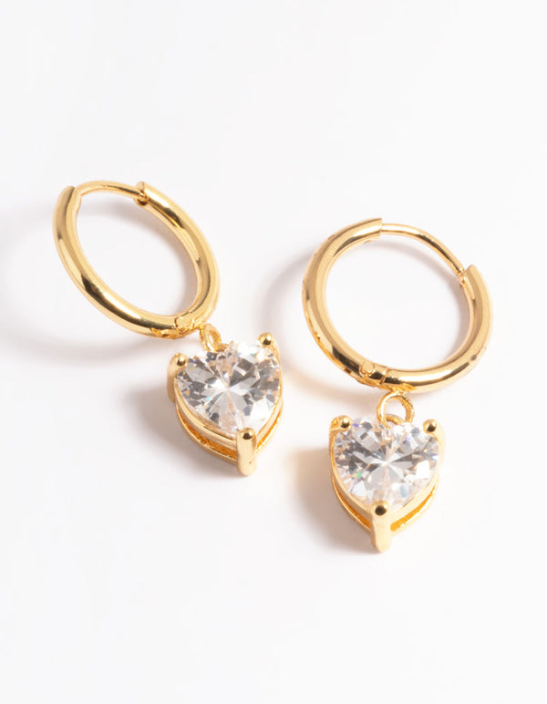 Gold Plated Stainless Steel Cubic Zirconia Heart Huggie Earrings