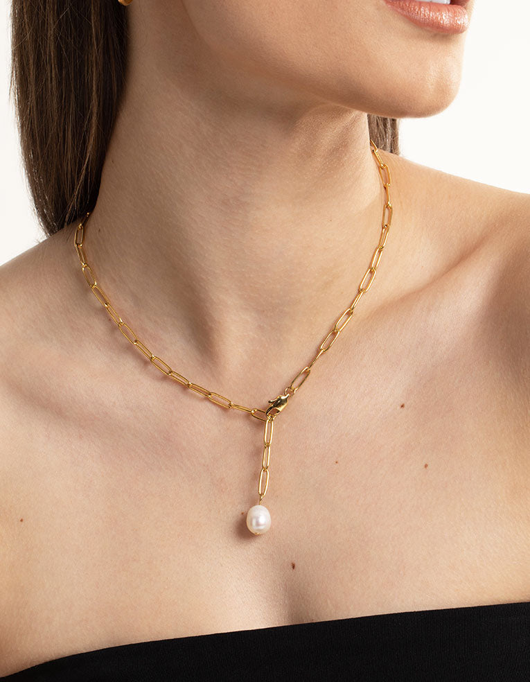 Gold Plated Stainless Steel Freshwater Pearl Chain Drop Necklace