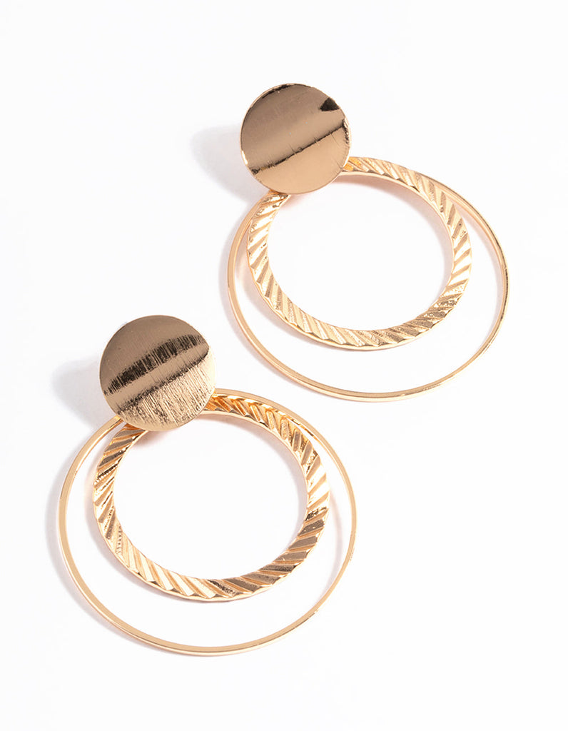 Gold Textured Open Circle Drop Earrings