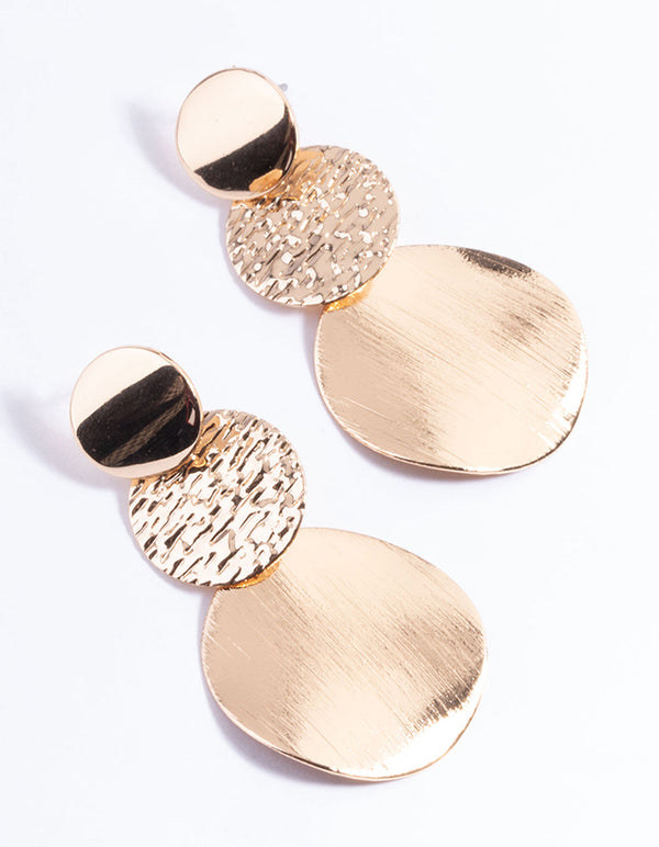 Gold Textured Circle Graduated Drop Earrings