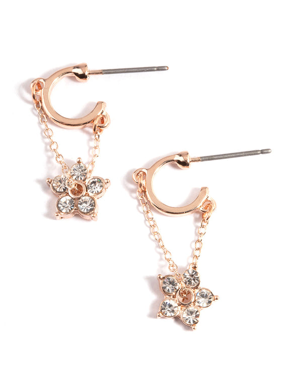Rose Gold Diamante Flower Chain Huggie Earrings