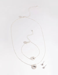 Silver Stone & Surrounded Necklace, Bracelet & Earrings Set - link has visual effect only