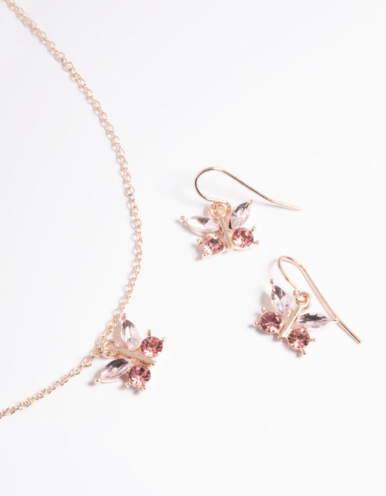 Rose Gold Diamante Butterfly Necklace & Earrings Set