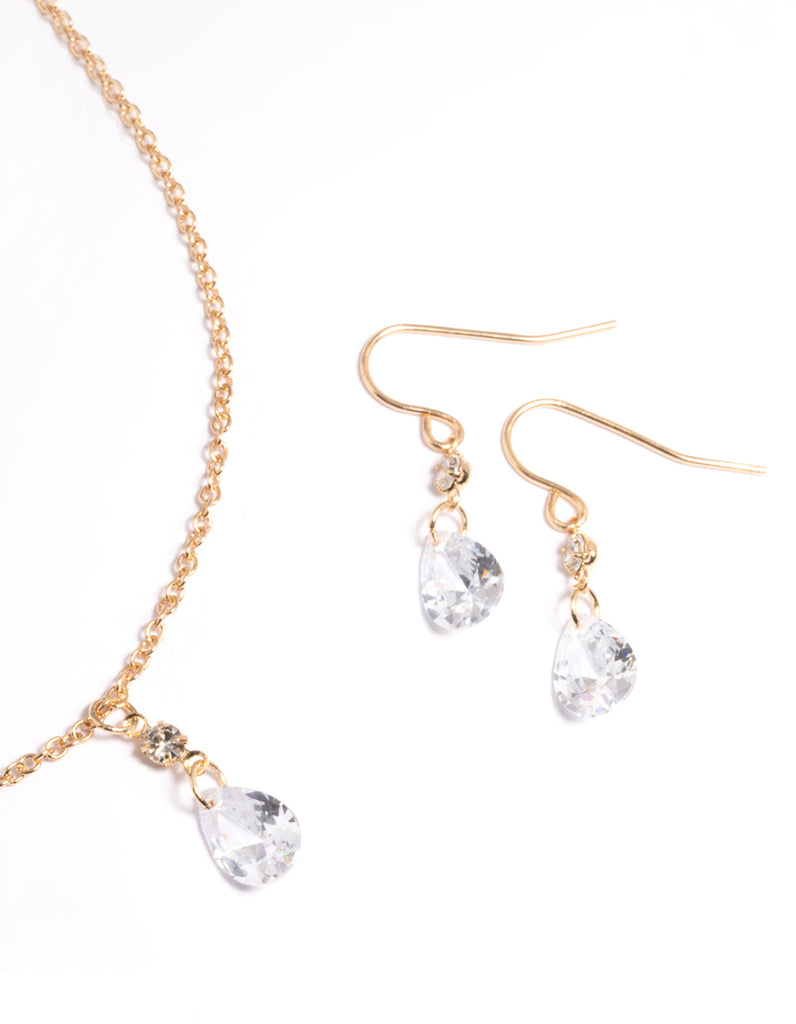 Gold Cubic Zirconia Pear Drop Necklace & Earrings Set