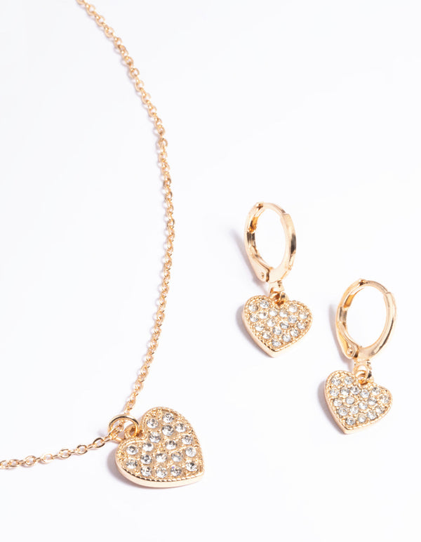 Gold Pave Heart Necklace & Huggie Set