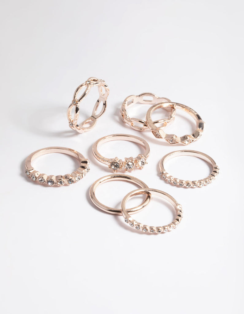 Rose Gold Diamante Row Mix Ring 8-Pack