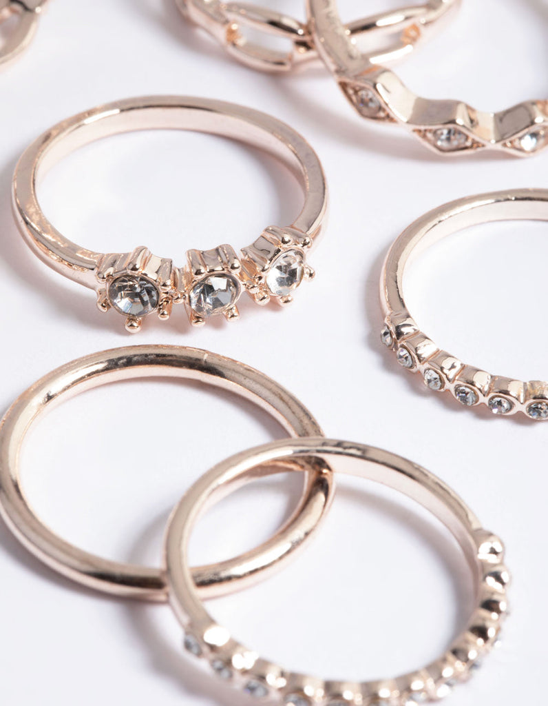 Rose Gold Diamante Row Mix Ring 8-Pack