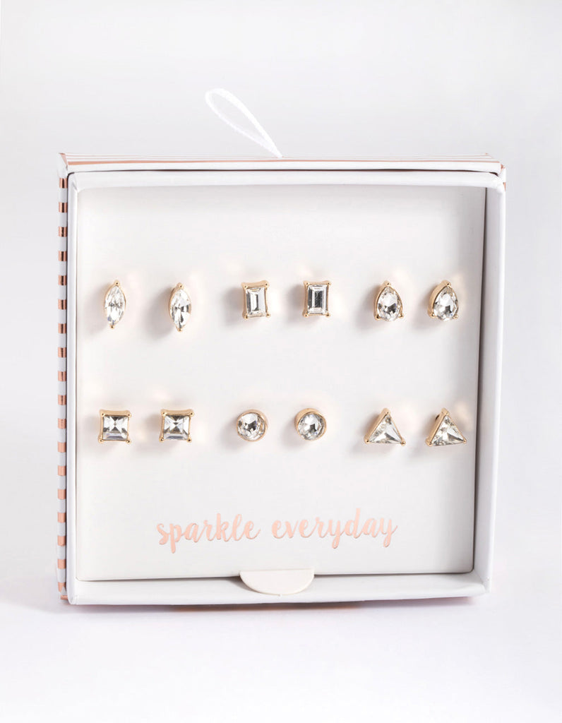 Gold Mixed Cut Diamante Stud Earrings 6-Pack