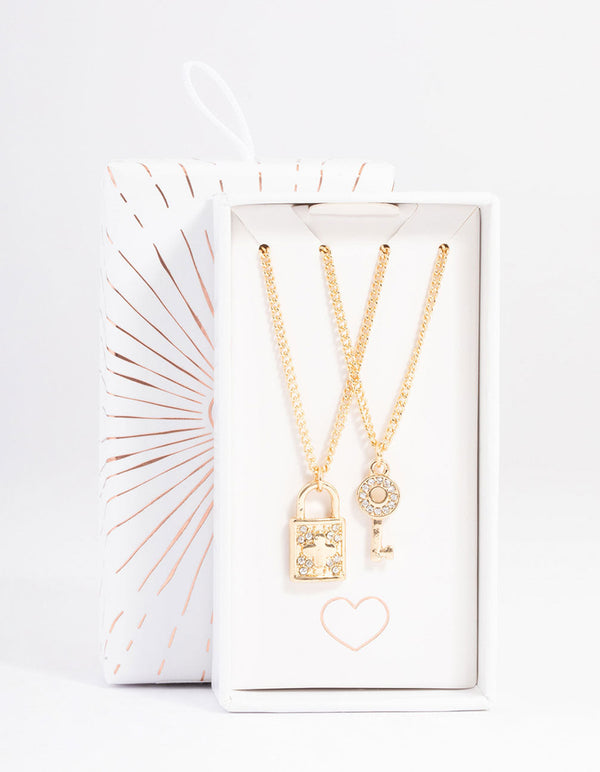 Gold Diamante Lock & Key Necklace Pack
