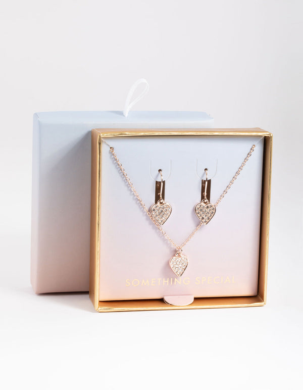 Rose Gold Pave Heart Necklace & Huggie Earrings