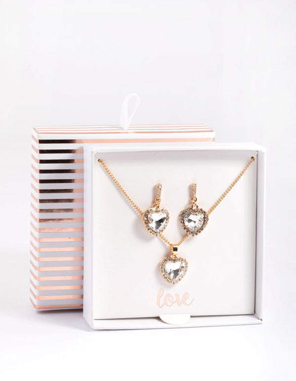 Gold Heart Halo Necklace & Drop Earrings