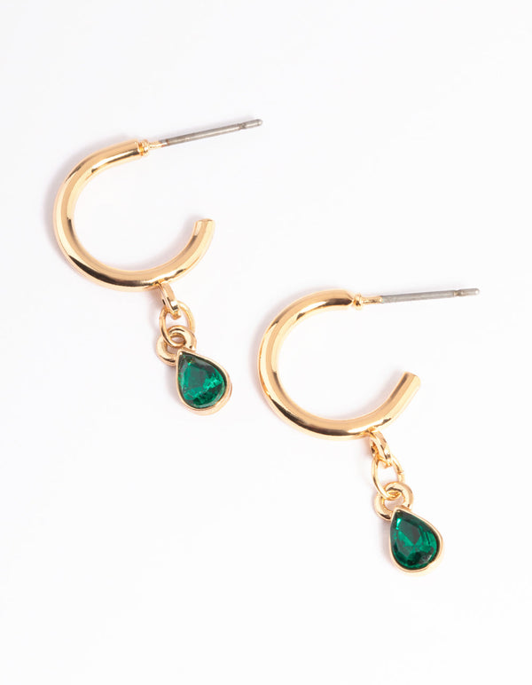 Green Teardrop Stone Drop Huggie Earrings