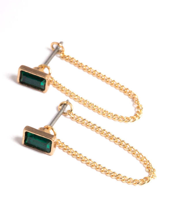 Gold Emerald Chain Front & Back Earrings