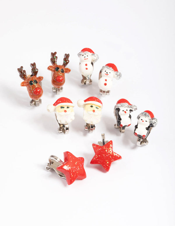 Kids Polymer Christmas Clip Earrings 5-Pack