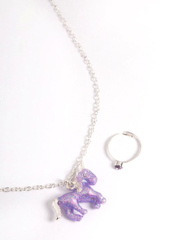 Kids Silver Glitter Necklace & Ring Set