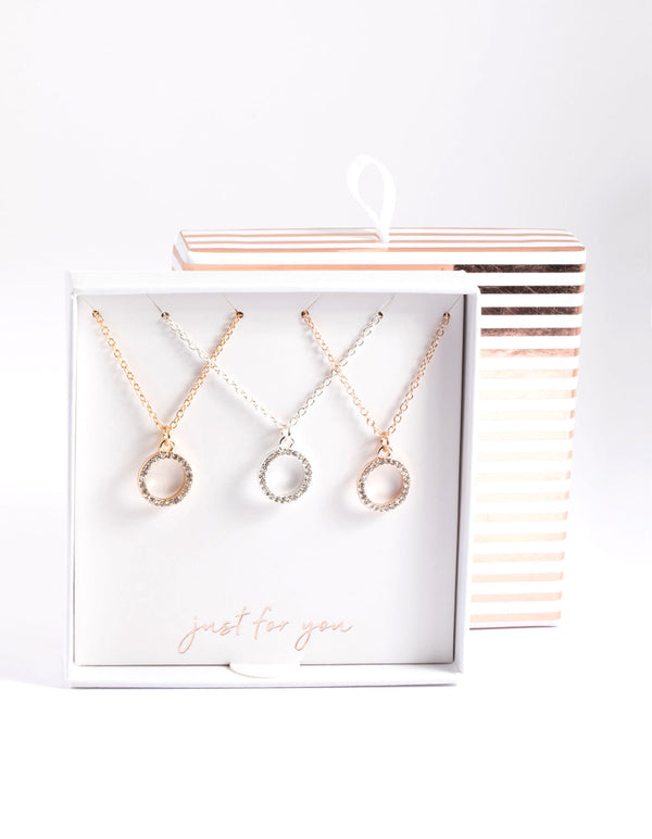 Mixed Metal Diamante Open Circle Necklace Pack