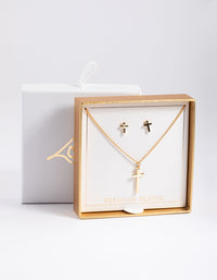 Gold Plated Cross Necklace & Stud Earrings - link has visual effect only