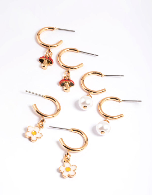 Gold Pearly Daisy Huggie Pack Earrings
