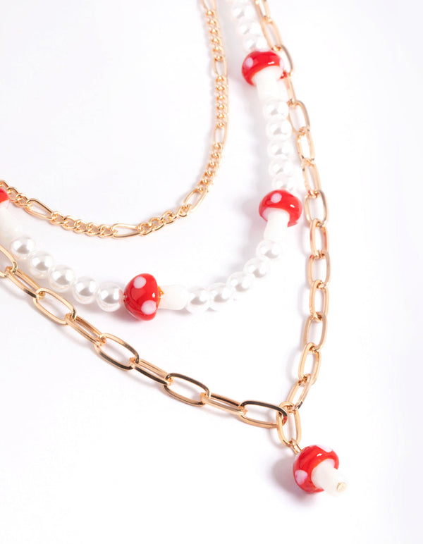 Gold Row Pearl Mushroom Necklace