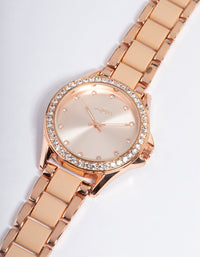 Rose Gold Coated Band Diamante Watch - link has visual effect only